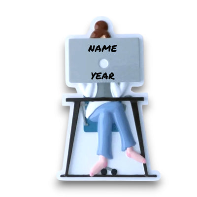 Personalized Zoom Call Female Christmas Ornament with customizable name and year, featuring a woman in front of a computer screen.