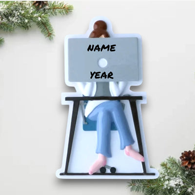 Personalized Zoom Call Female Christmas Ornament with customizable name and year, featuring a woman in front of a computer screen.