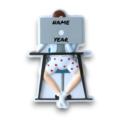 Personalized Zoom Call Male Christmas Ornament with customizable name and year, featuring a man at a desk in work attire with heart-printed shorts.