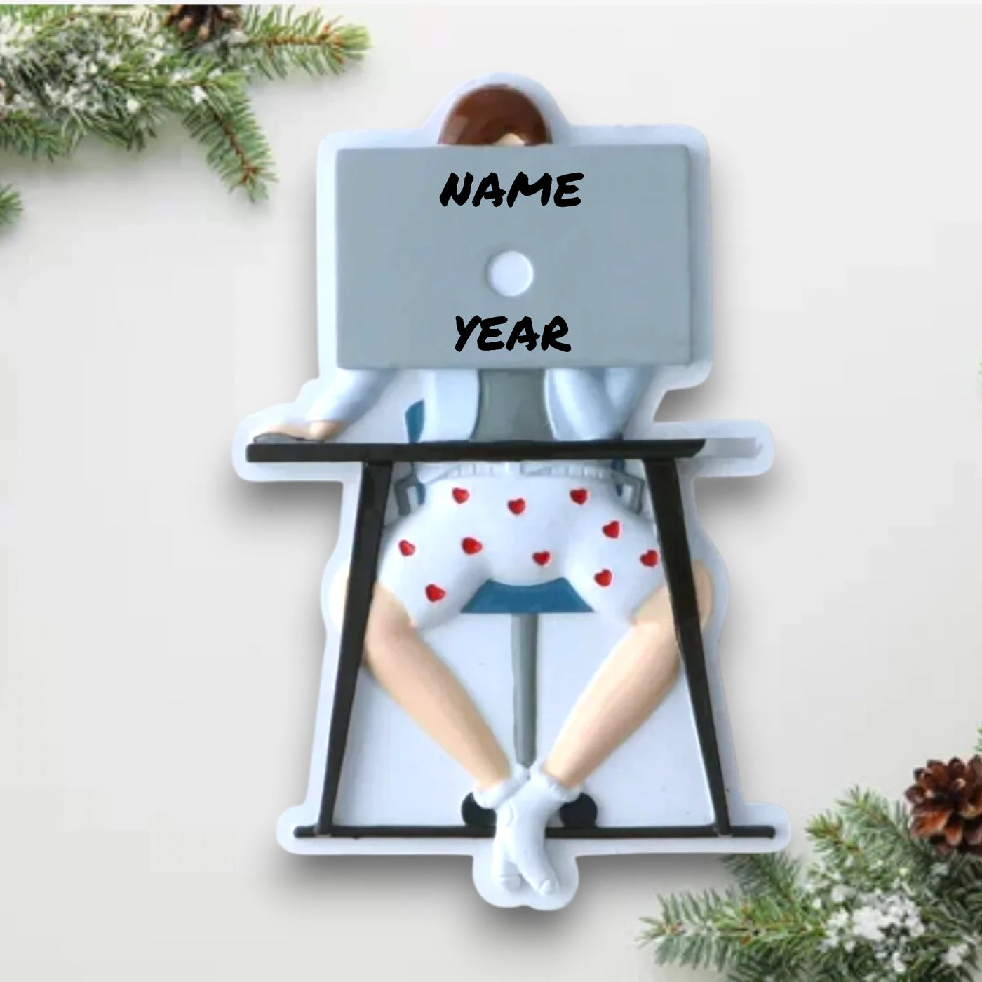 Personalized Zoom Call Male Christmas Ornament with customizable name and year, featuring a man at a desk in work attire with heart-printed shorts.