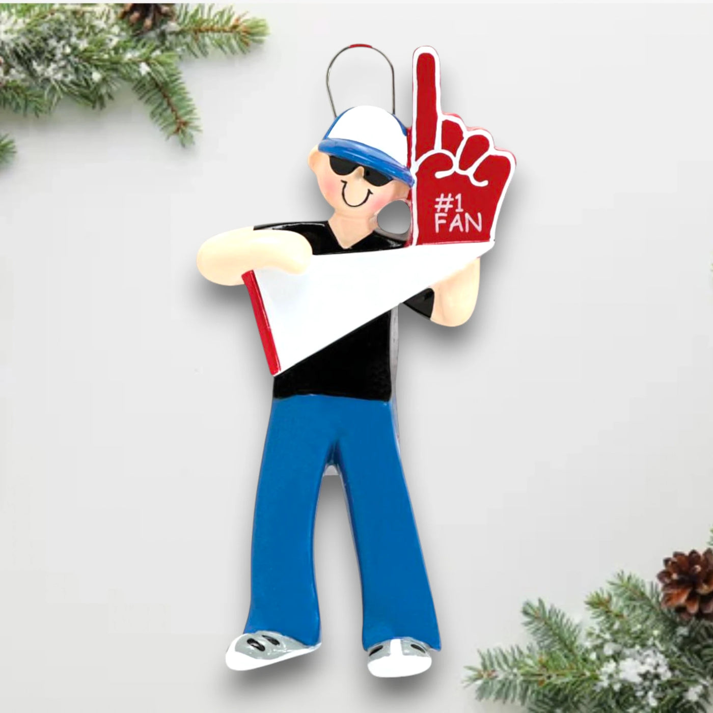 Personalized #1 Fan Christmas Ornament featuring a foam finger, pennant, and customizable name and message.