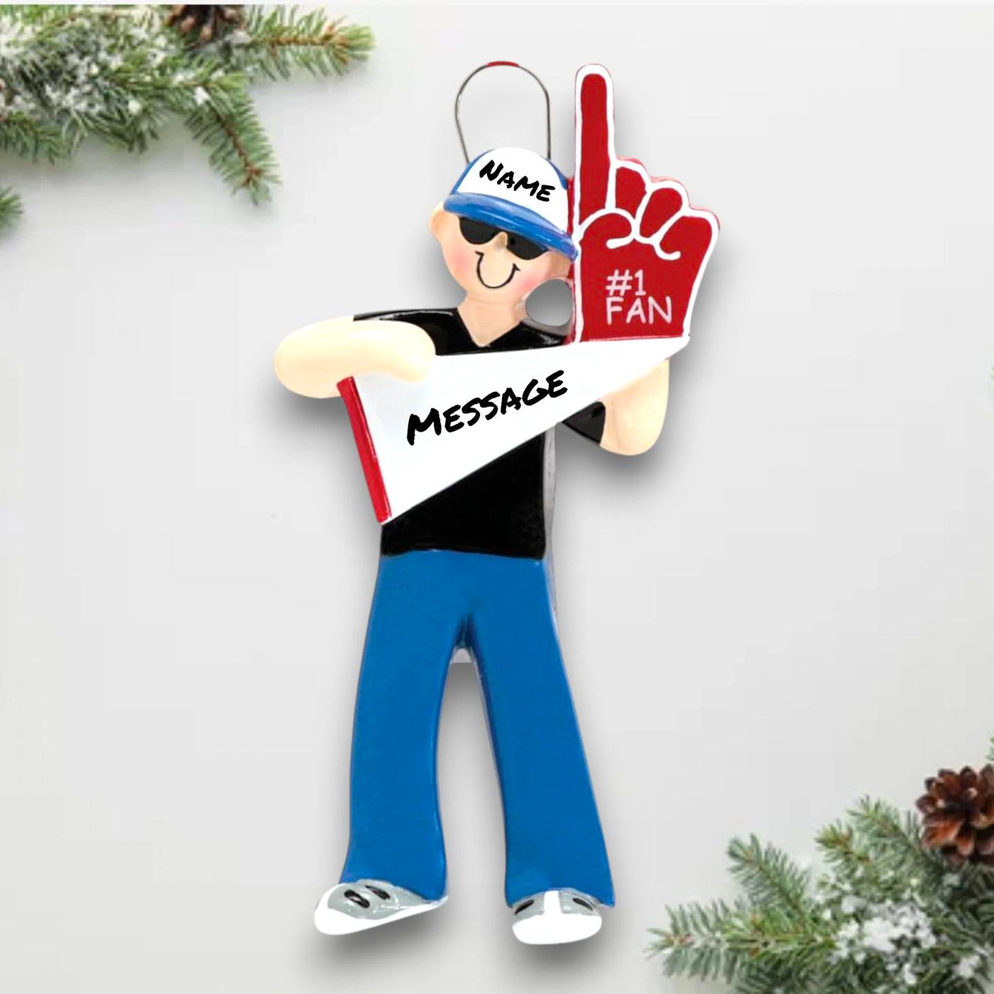 Personalized #1 Fan Christmas Ornament featuring a foam finger, pennant, and customizable name and message.