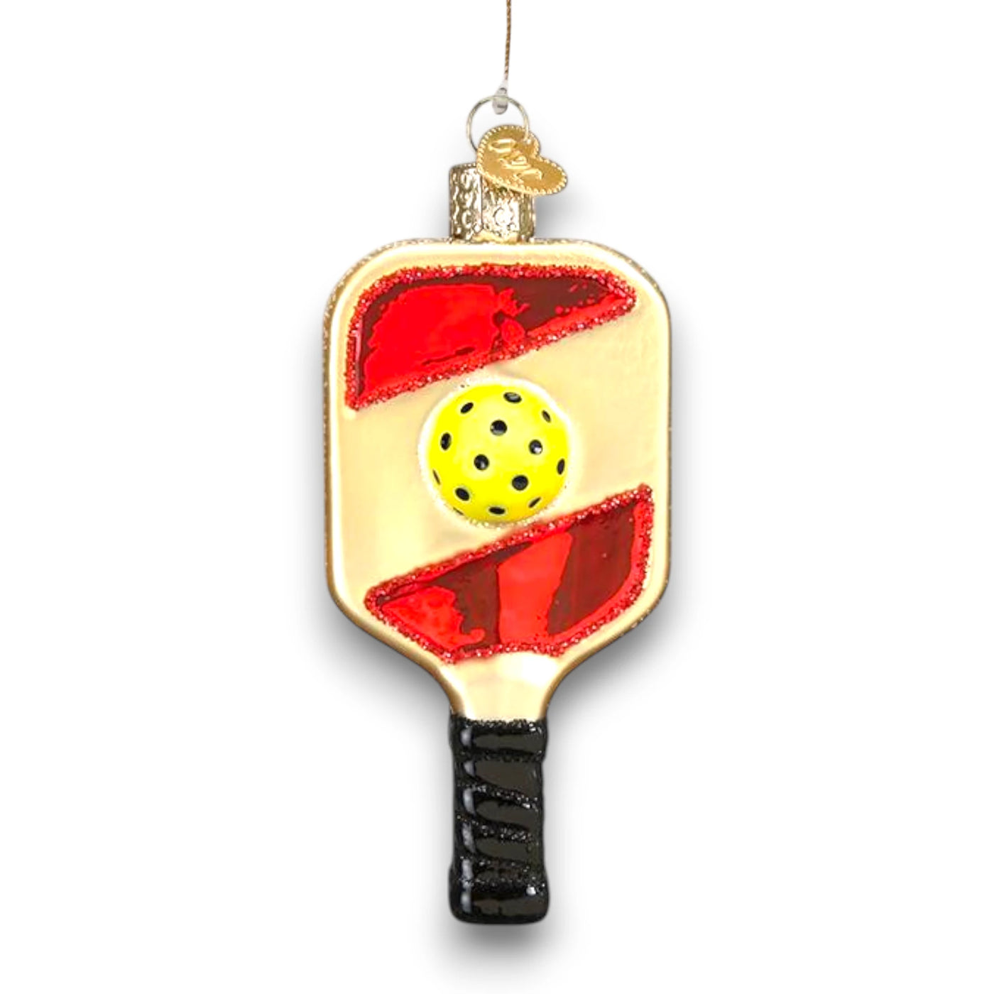 Pickleball paddle Christmas ornament featuring a yellow pickleball and vibrant red accents with glitter details, customizable with a name or year.