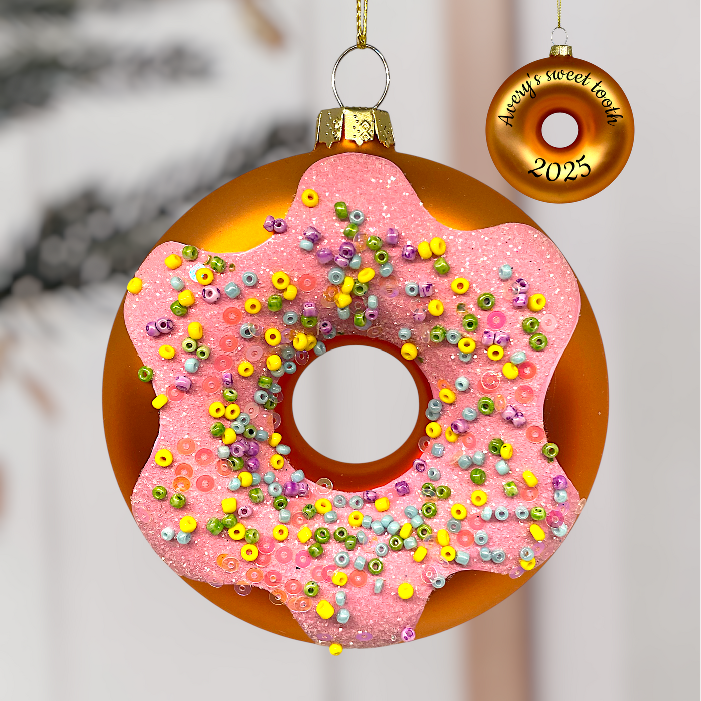 Personalized Pink Donut Christmas Ornament | Custom Glass