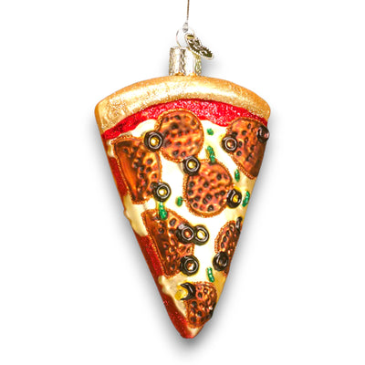 Pizza slice Christmas ornament featuring pepperoni, olives, and melted cheese details with glitter accents, perfect for food lovers.