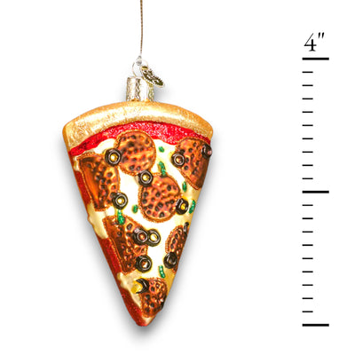 Pizza slice Christmas ornament featuring pepperoni, olives, and melted cheese details with glitter accents, perfect for food lovers.