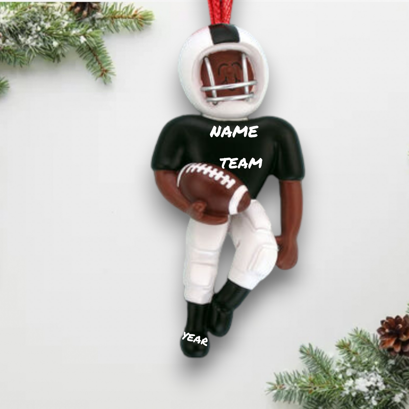 Personalized African-American Football Player Christmas Ornament - Black & White Uniform