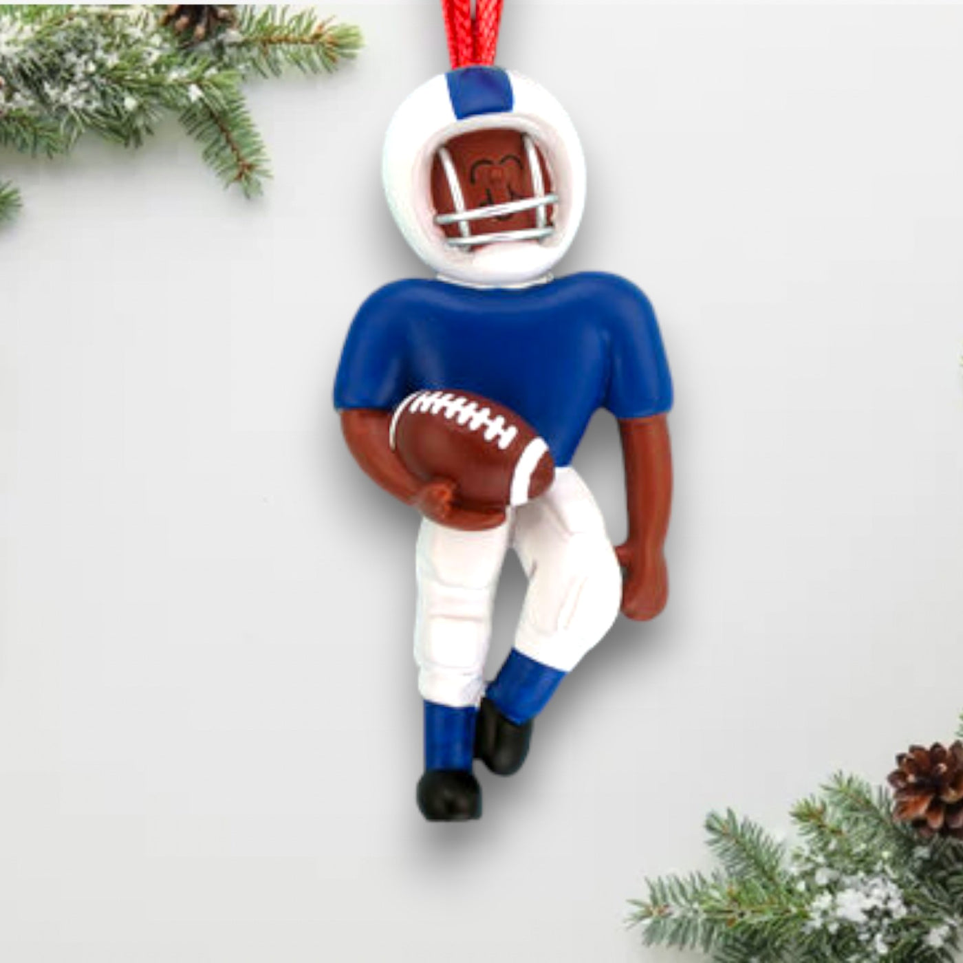 Personalized African-American Football Player Christmas Ornament - Blue Uniform