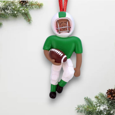 Personalized African-American Football Player Christmas Ornament - Green Uniform