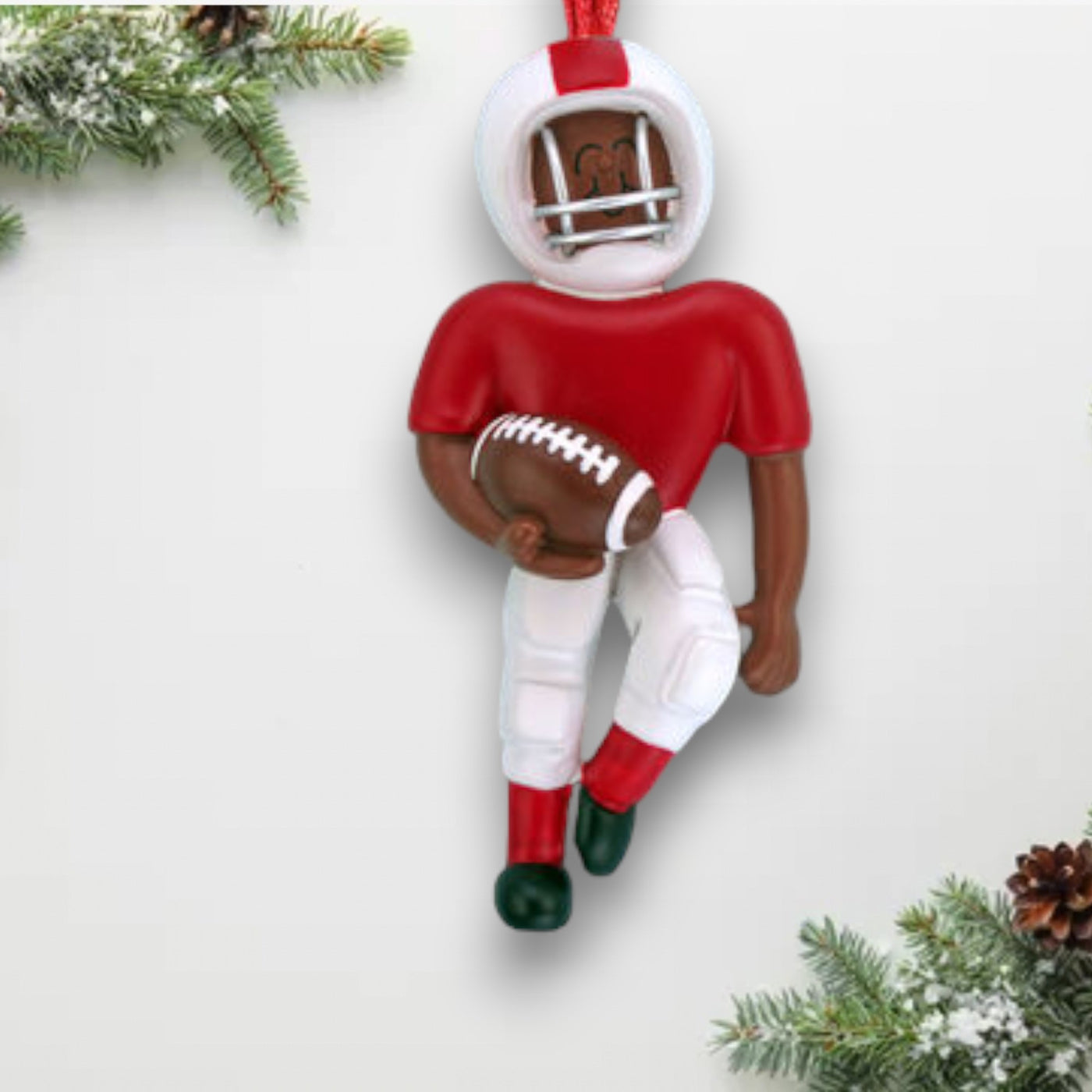 Personalized African-American Football Player Christmas Ornament - Red Uniform