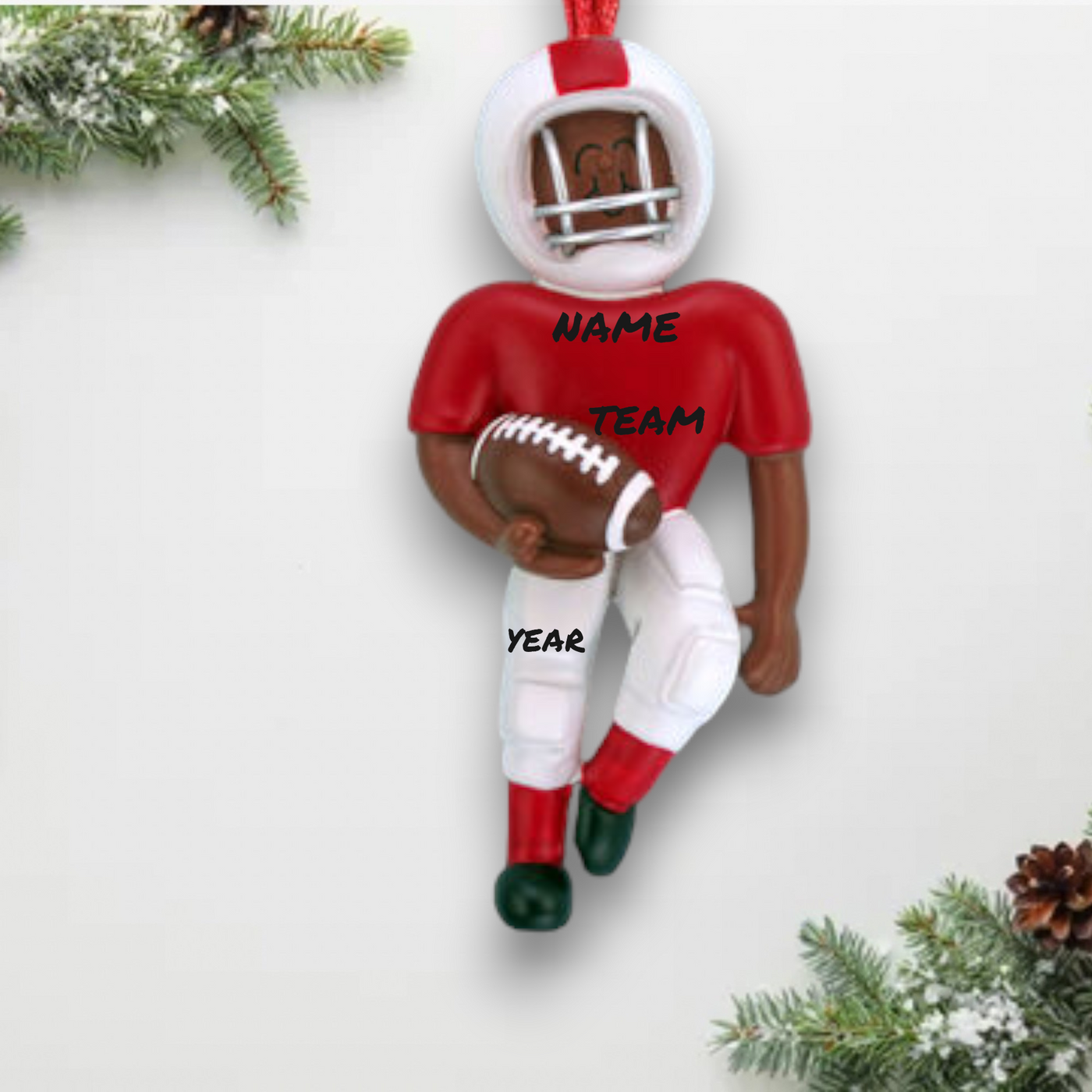 Personalized African-American Football Player Christmas Ornament - Red Uniform