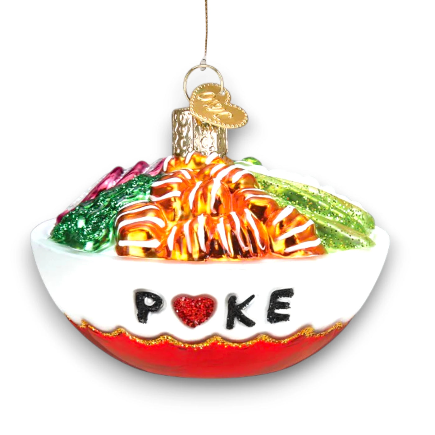 Personalized Poke Bowl Christmas Ornament featuring a decorative bowl with vibrant salmon, avocado, and greens, customizable with name or year.