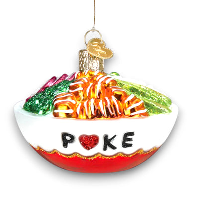 Personalized Poke Bowl Christmas Ornament featuring a decorative bowl with vibrant salmon, avocado, and greens, customizable with name or year.