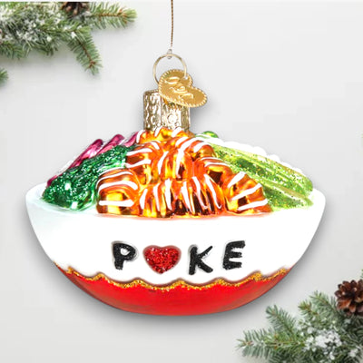 Personalized Poke Bowl Christmas Ornament featuring a decorative bowl with vibrant salmon, avocado, and greens, customizable with name or year.