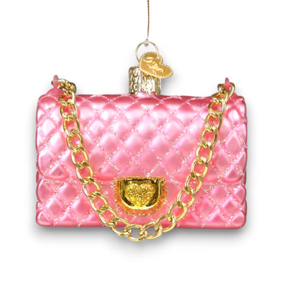 Personalized Quilted Purse Christmas Ornament featuring a pink quilted purse design with gold chain strap and accents, customizable with name and year.