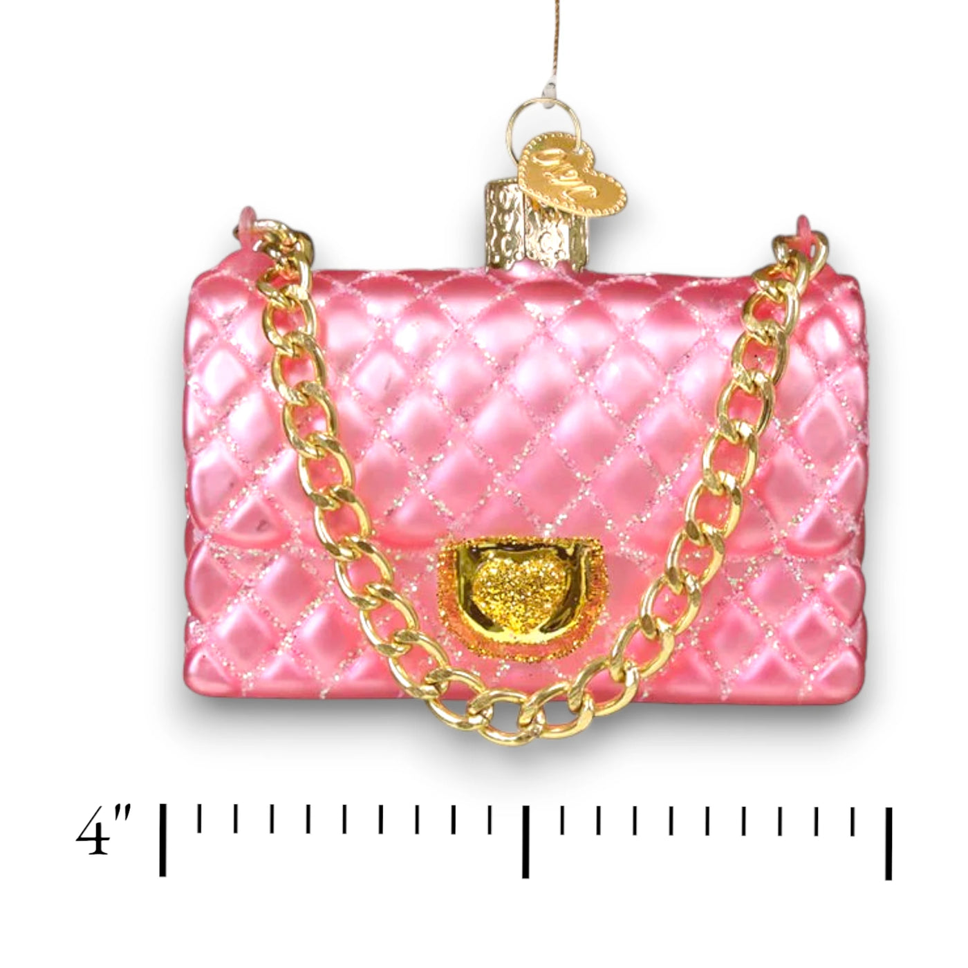 Personalized Quilted Purse Christmas Ornament featuring a pink quilted purse design with gold chain strap and accents, customizable with name and year.