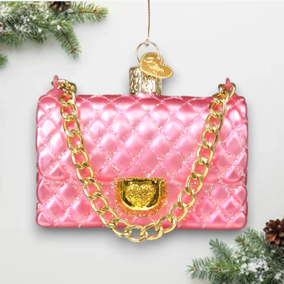 Personalized Quilted Purse Christmas Ornament featuring a pink quilted purse design with gold chain strap and accents, customizable with name and year.