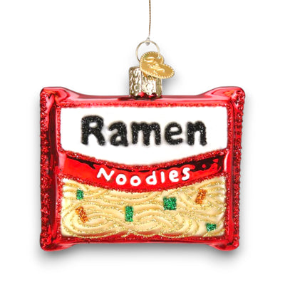 Ramen noodles Christmas ornament featuring a red and white package with glitter details, customizable with name and year.