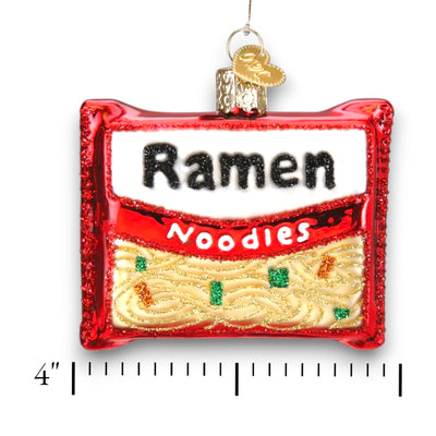 Ramen noodles Christmas ornament featuring a red and white package with glitter details, customizable with name and year.