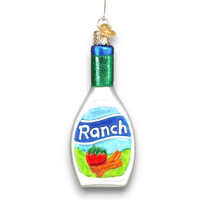 Personalized Ranch Dressing Christmas Ornament featuring a ranch dressing bottle with vibrant and glittering accents, customizable with name and year.