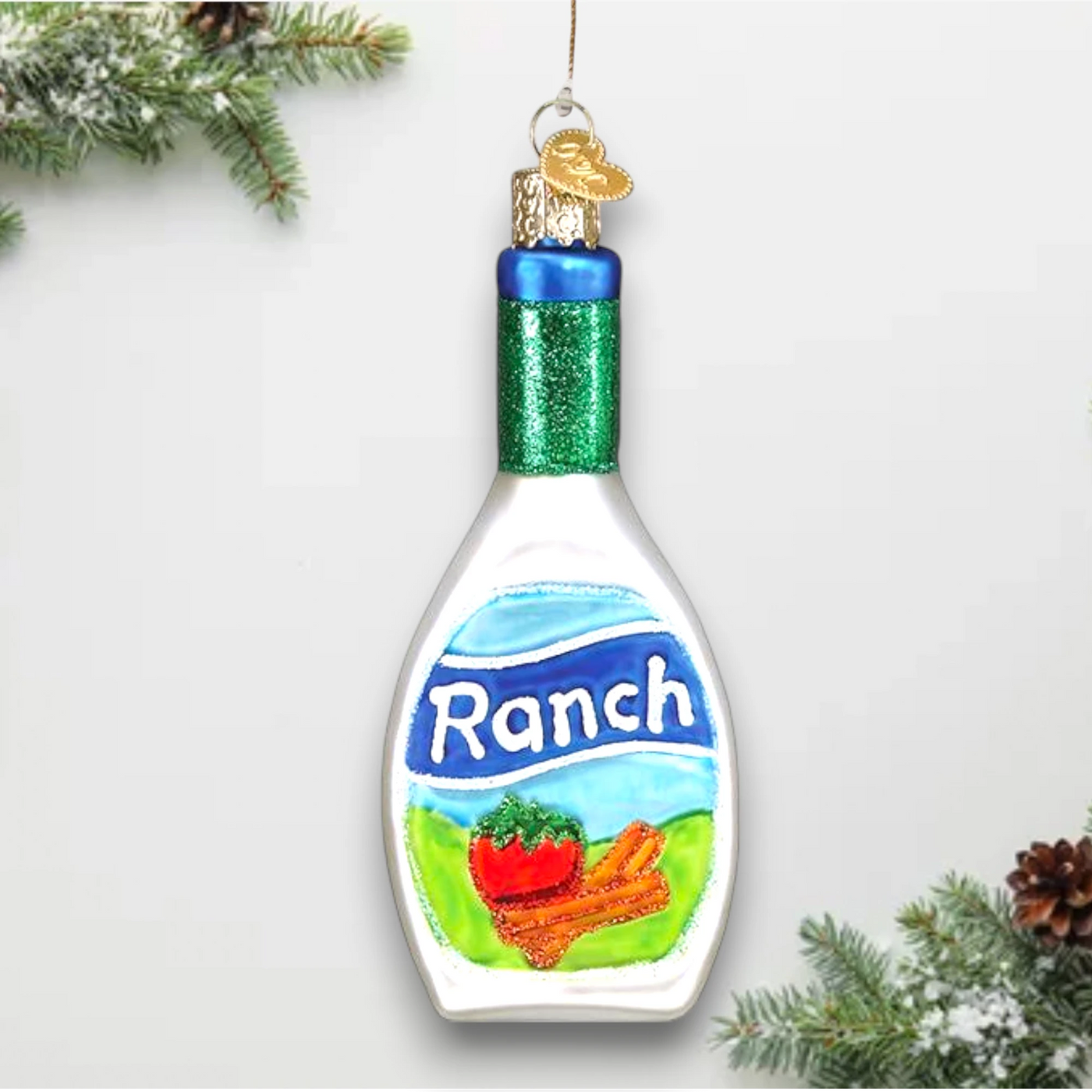 Personalized Ranch Dressing Christmas Ornament featuring a ranch dressing bottle with vibrant and glittering accents, customizable with name and year.