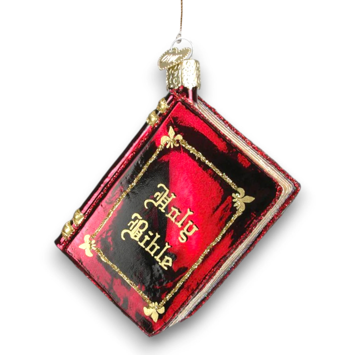 Personalized Red Bible Christmas Ornament featuring a red Holy Bible design with gold accents and customizable with name and year.