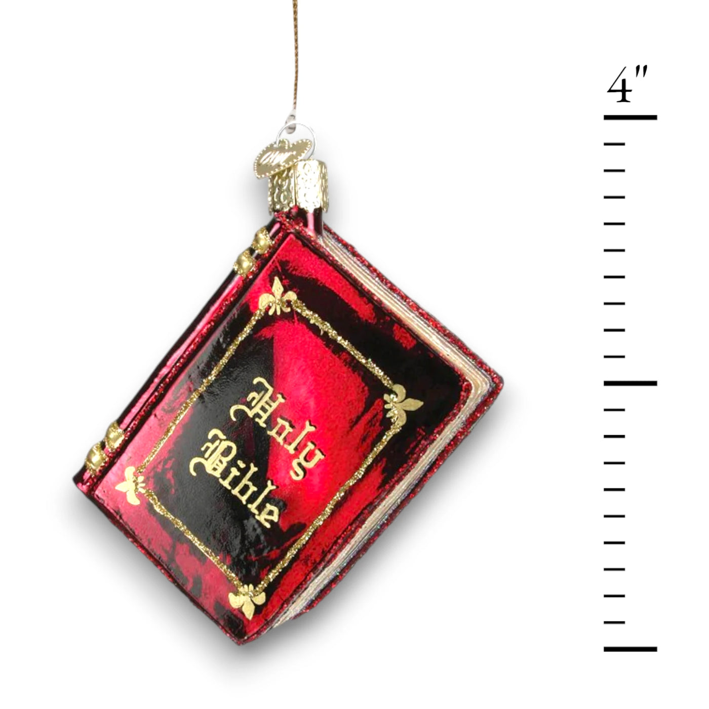 Personalized Red Bible Christmas Ornament featuring a red Holy Bible design with gold accents and customizable with name and year.