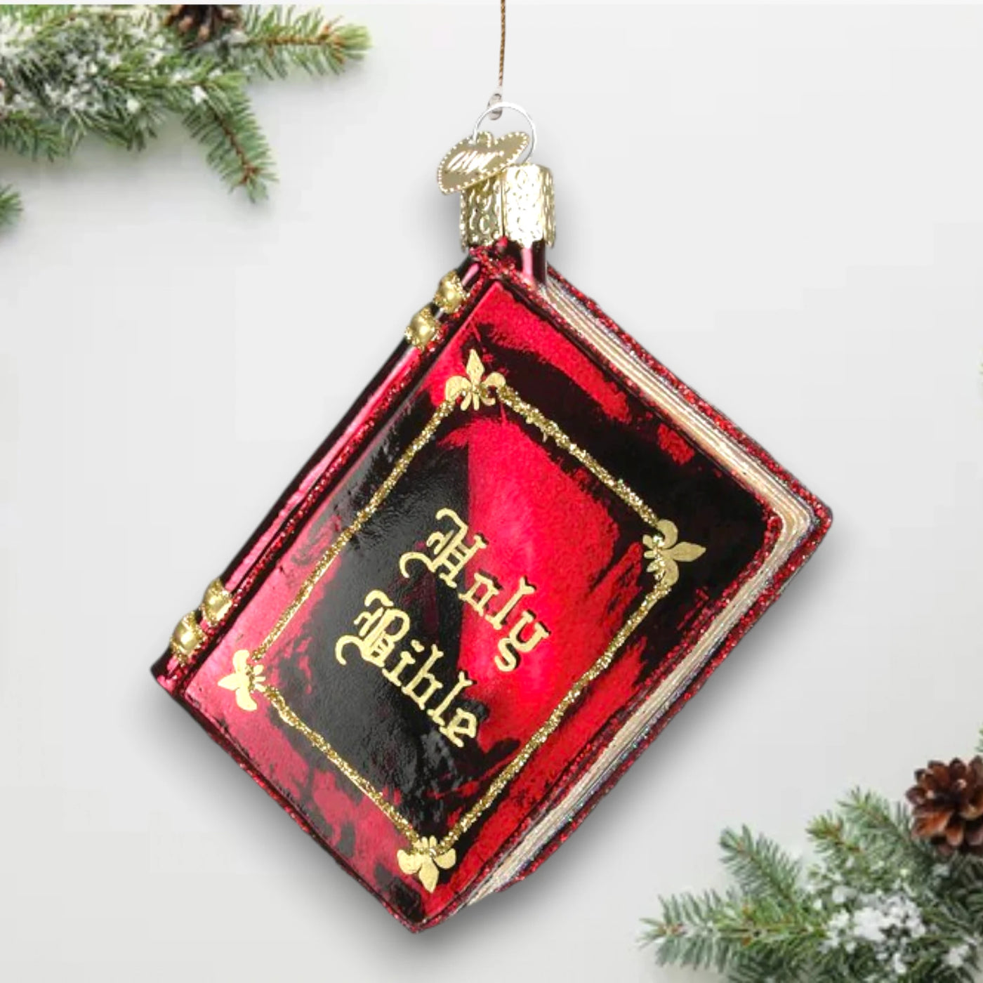 Personalized Red Bible Christmas Ornament featuring a red Holy Bible design with gold accents and customizable with name and year.