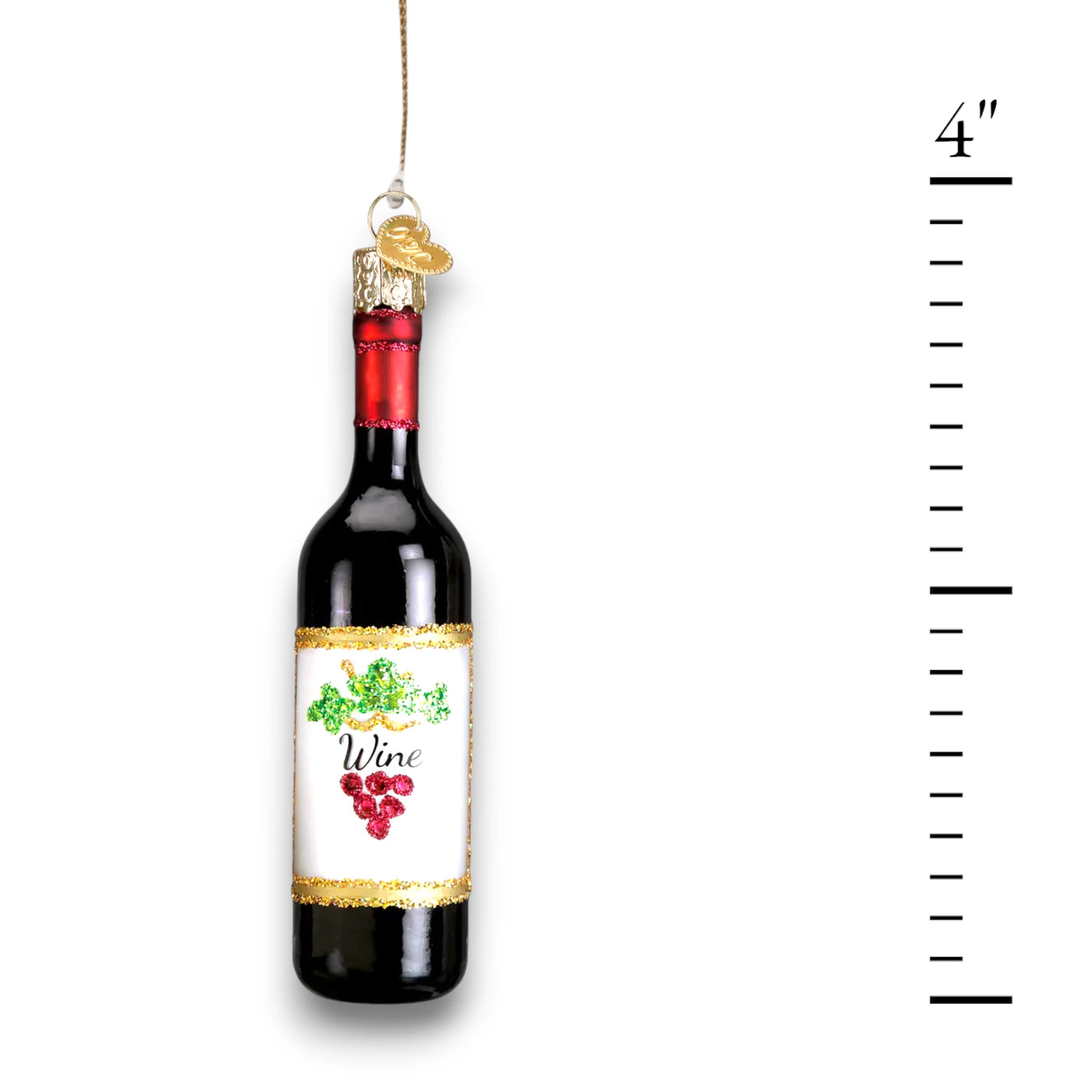 Red wine bottle Christmas ornament featuring a glossy finish, glitter-accented label with grape details, and a festive gold trim.