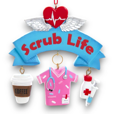 Personalized Nurse Dangle Christmas Ornament featuring a “Scrub Life” banner with dangling pink scrubs, a coffee cup, and medical-themed items.

