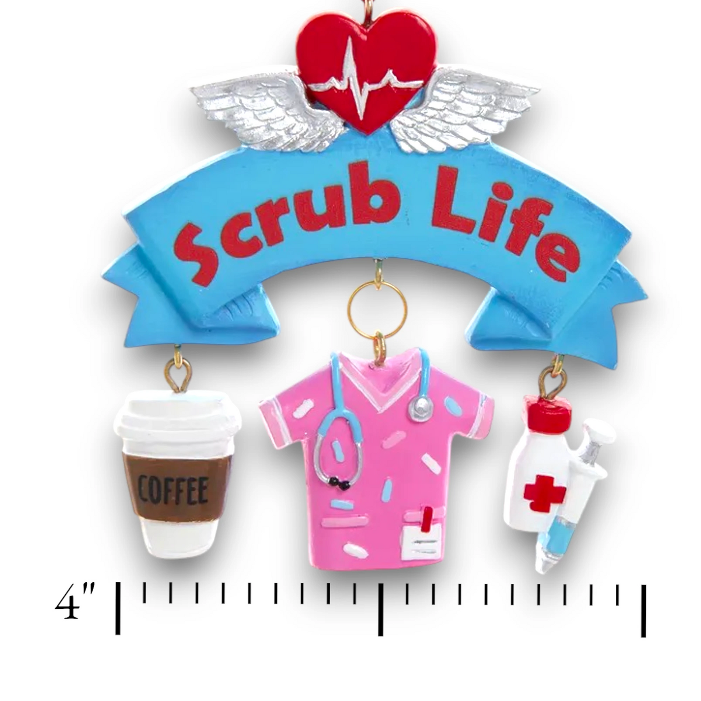 Personalized Nurse Dangle Christmas Ornament featuring a “Scrub Life” banner with dangling pink scrubs, a coffee cup, and medical-themed items.
