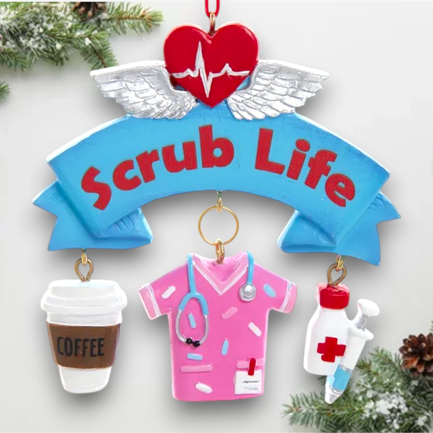 Personalized Nurse Dangle Christmas Ornament featuring a “Scrub Life” banner with dangling pink scrubs, a coffee cup, and medical-themed items.
