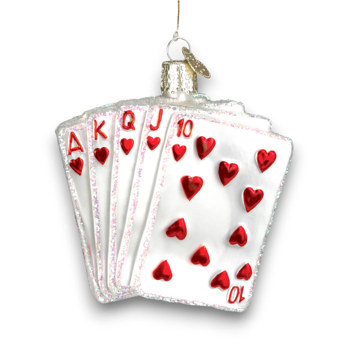 Royal Flush Christmas ornament featuring Ace, King, Queen, Jack, and Ten of Hearts with glitter details, customizable with name and year.