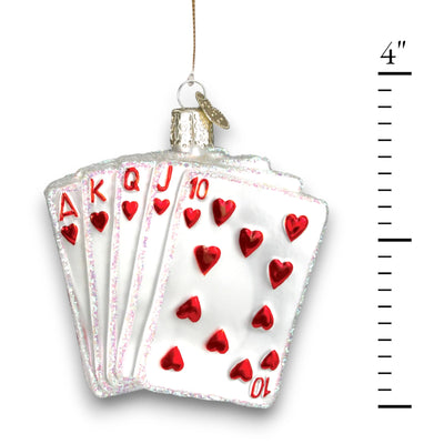 Royal Flush Christmas ornament featuring Ace, King, Queen, Jack, and Ten of Hearts with glitter details, customizable with name and year.