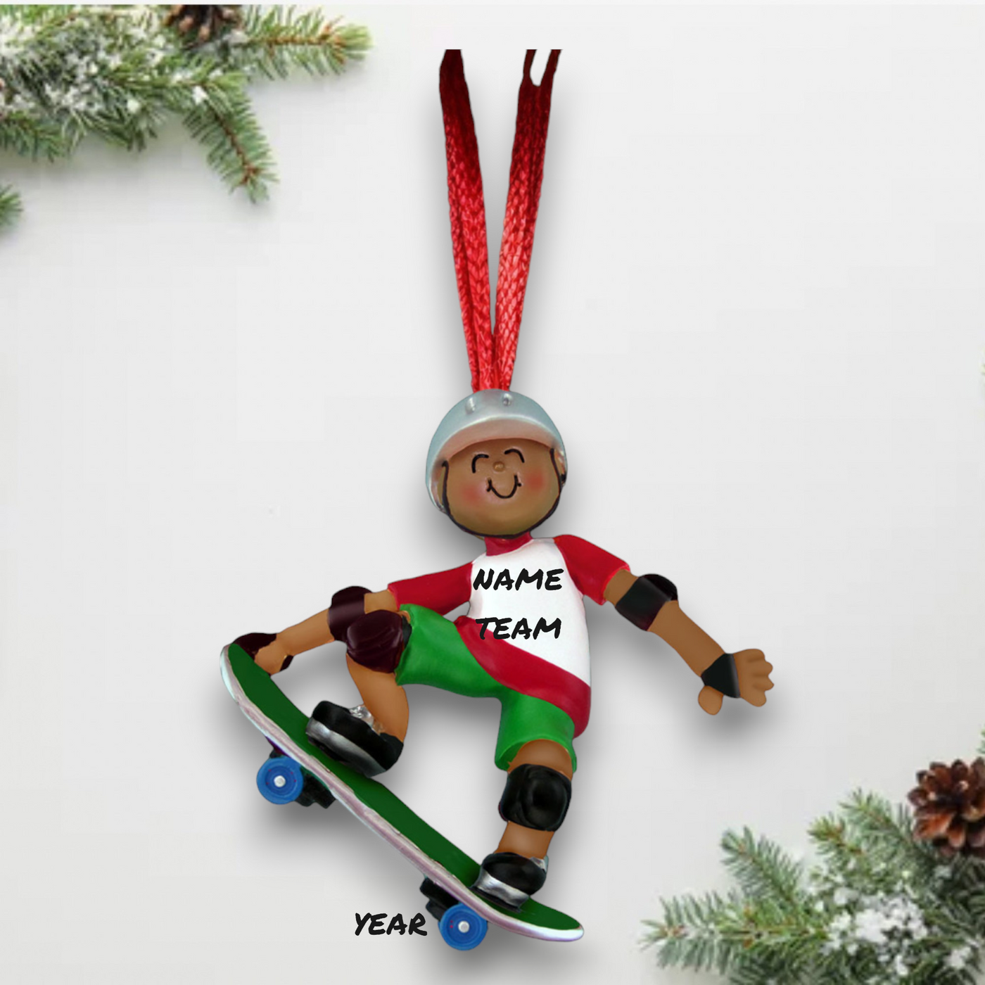 Personalized African-American Male Skateboarder Christmas Ornament