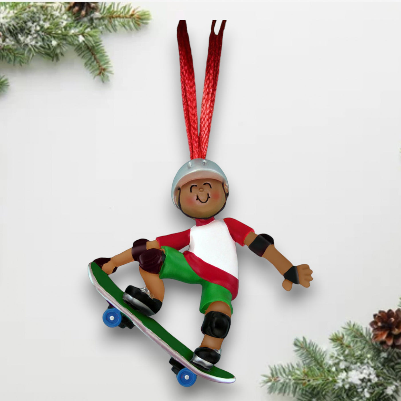 Personalized African-American Male Skateboarder Christmas Ornament