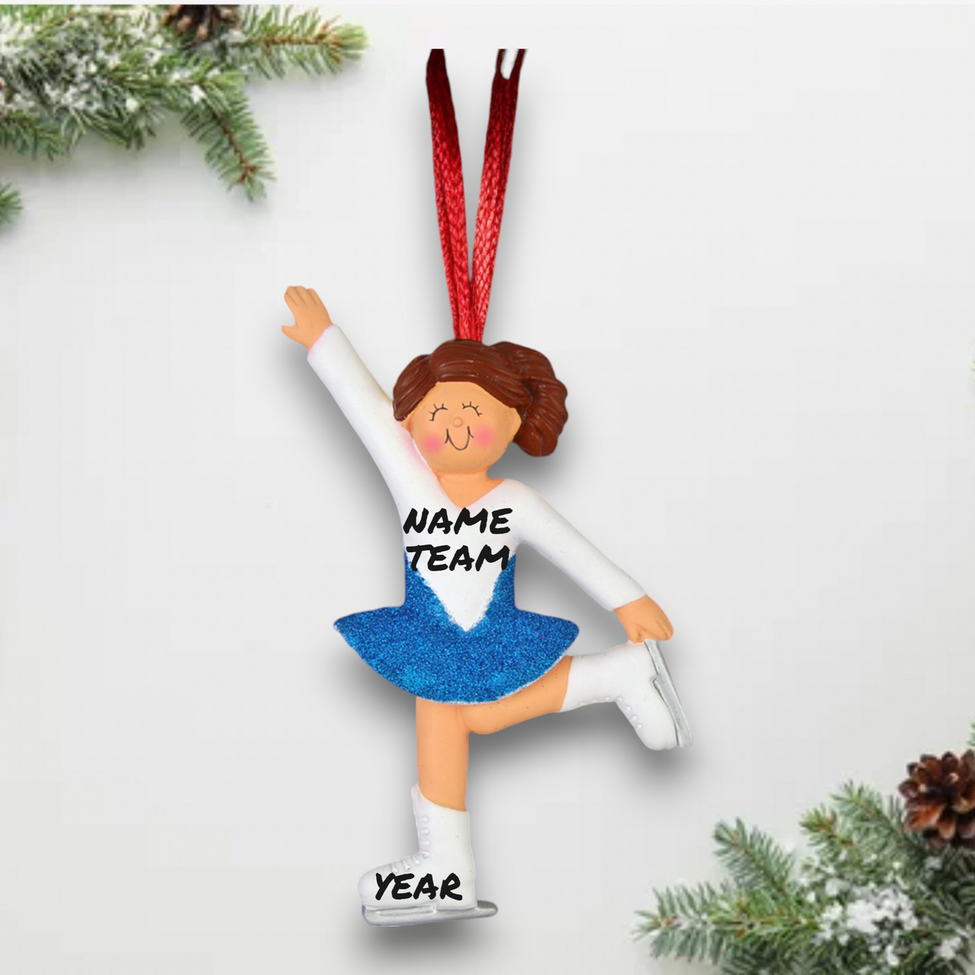 Personalized Brown-Haired Female Skater Christmas Ornament