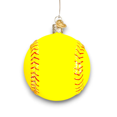 Bright yellow softball Christmas ornament with red stitching and glitter accents, customizable with name and year.