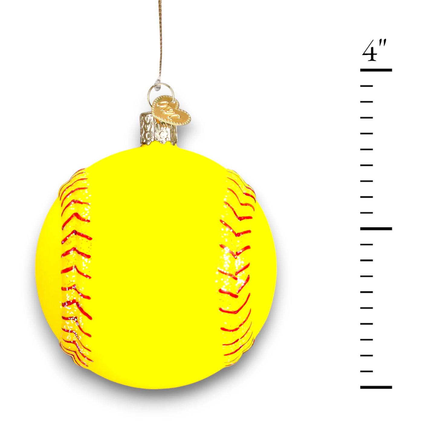 Bright yellow softball Christmas ornament with red stitching and glitter accents, customizable with name and year.