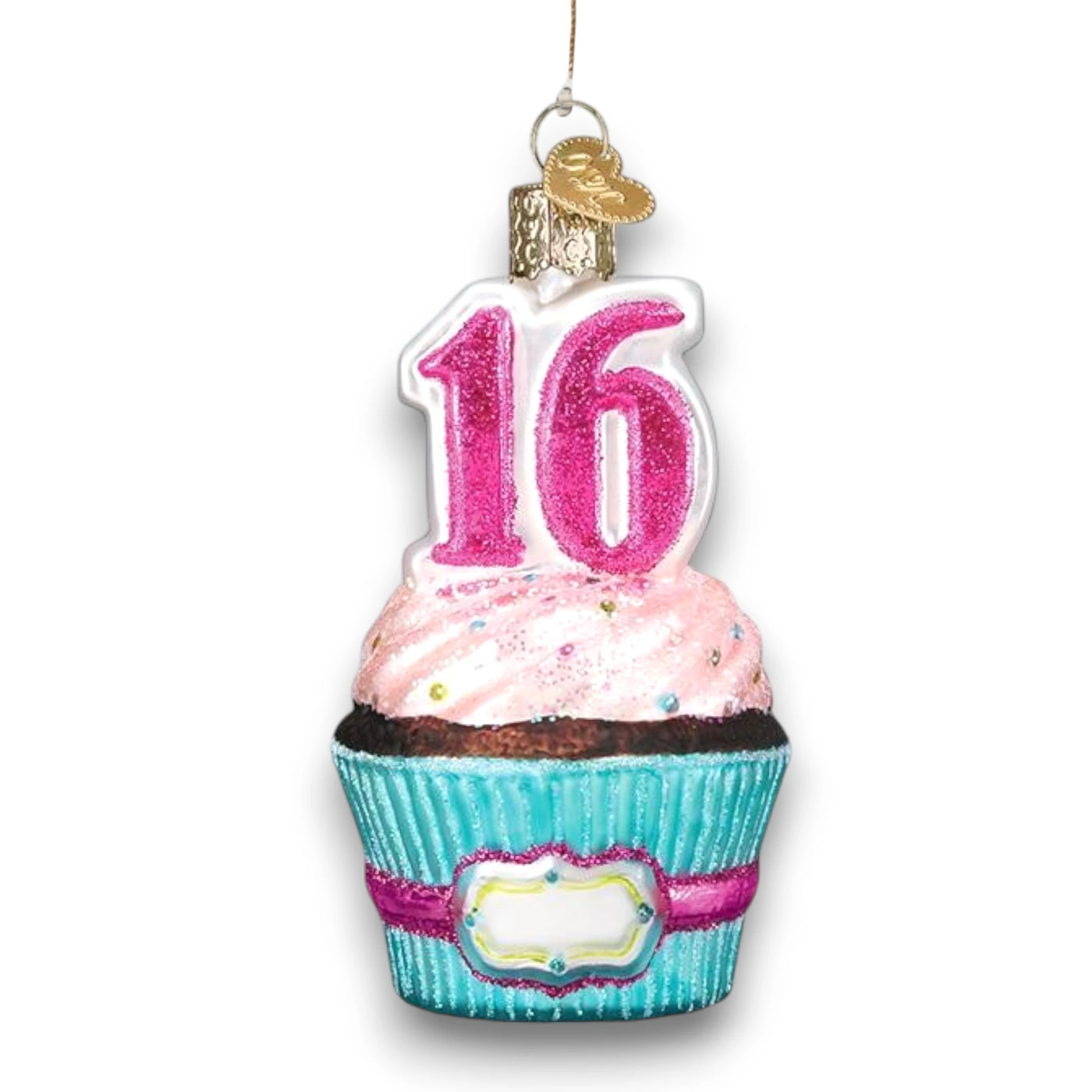 Personalized Sweet 16 Christmas Ornament featuring a colorful cupcake design with glittering pink “16” numbers, customizable with name and year.