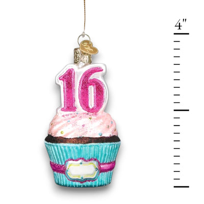 Personalized Sweet 16 Christmas Ornament featuring a colorful cupcake design with glittering pink “16” numbers, customizable with name and year.