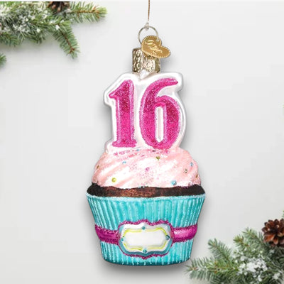 Personalized Sweet 16 Christmas Ornament featuring a colorful cupcake design with glittering pink “16” numbers, customizable with name and year.