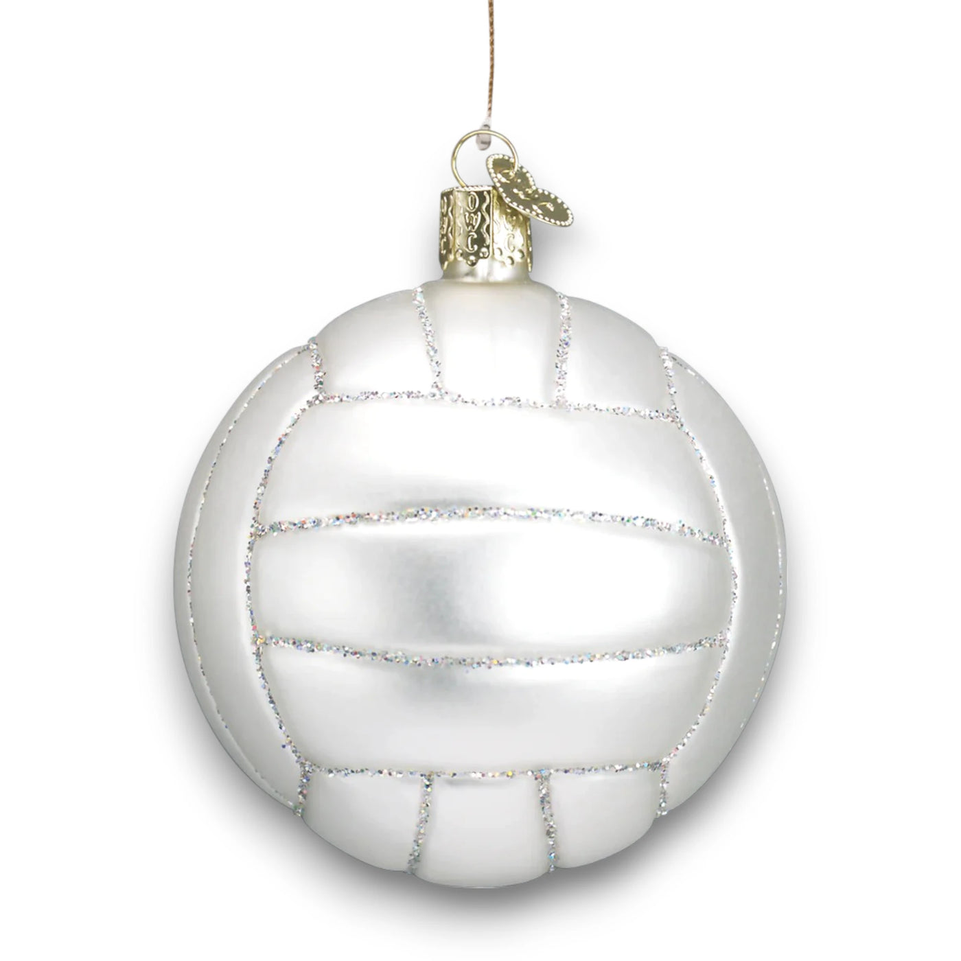 Personalized Volleyball Christmas Ornament featuring a glossy white design with glitter accents, customizable with name and year.