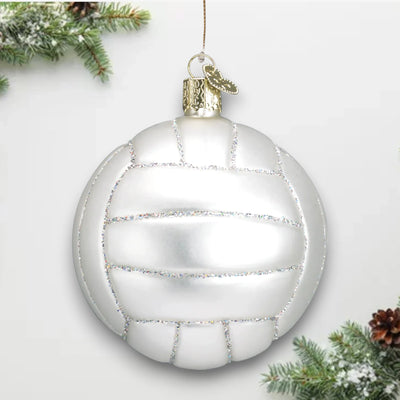 Personalized Volleyball Christmas Ornament featuring a glossy white design with glitter accents, customizable with name and year.