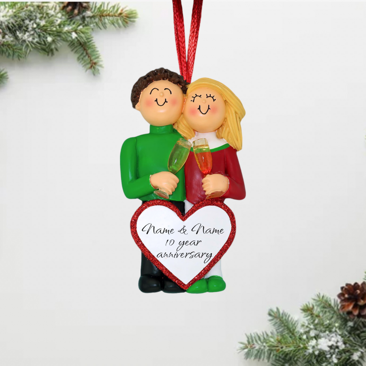 Personalized Anniversary Couple Christmas Ornament | Male Brunette Female Blonde