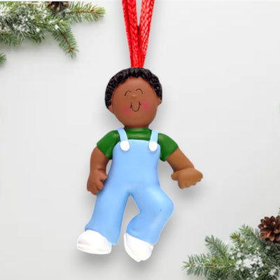 Personalized African American Baby Boy's First Steps Christmas Ornament
