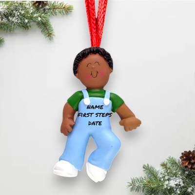 Personalized African American Baby Boy's First Steps Christmas Ornament