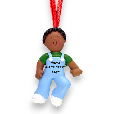 Personalized African American Baby Boy's First Steps Christmas Ornament