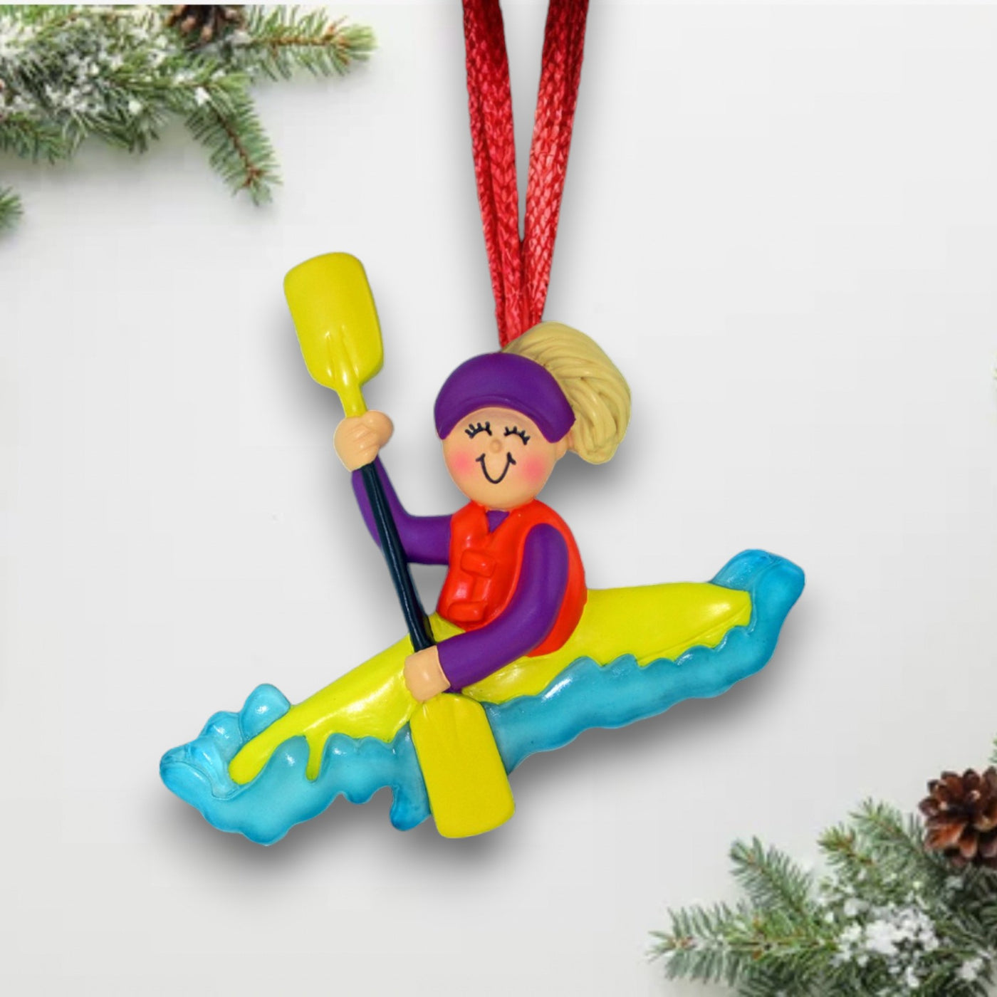 Personalized Blonde Female Kayaking Player Christmas Ornament