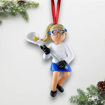 Personalized Blonde Female Lacrosse Player Christmas Ornament